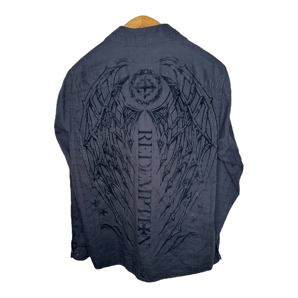 Raw State Redemption Y2K Shirt Black Button Up Flocked Velvet Angel Wings XL